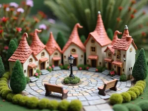 Ceramic Gnome Village Square - Central village square with detailed ceramic gnome houses arranged in a circle, featuring a miniature marketplace and town hall. Tiny benches and streetlamps add charm, surrounded by miniature topiary