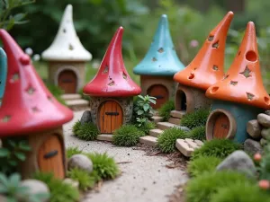 Ceramic Pot Gnome Village - A collection of repurposed ceramic pots transformed into colorful gnome homes, arranged in a village setting with small pathways and tiny gardens, viewed from a normal perspective