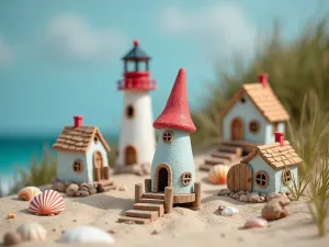 Coastal Gnome Community - Beach-themed gnome village with tiny lighthouses and seaside cottages. Miniature boardwalks, shells, and beach grasses create a coastal atmosphere