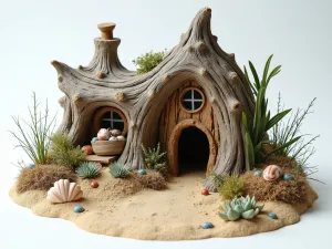 Coastal Gnome Cottage - Wide angle view of a beach-themed gnome house made from weathered driftwood and shells, with sandy paths and coastal plants