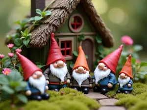 Cottage Gnome Garden - Close-up of gnomes arranged around a miniature cottage with thatched roof, surrounded by English cottage garden flowers and climbing vines