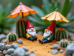 Desert Gnome Oasis - A miniature desert scene featuring cacti and succulents, with gnomes relaxing under tiny umbrellas made from leaves, surrounded by colored sand and small crystal formations