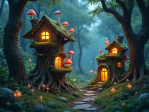 Enchanted Forest Gnome Settlement - Magical forest scene with gnome homes integrated into tree stumps and roots. Glowing mushrooms, fairy lights, and mystical elements throughout