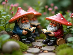 Enchanted Gnome Library - Detailed view of a tiny outdoor library with gnomes reading books under mushroom umbrellas, surrounded by miniature shade-loving plants