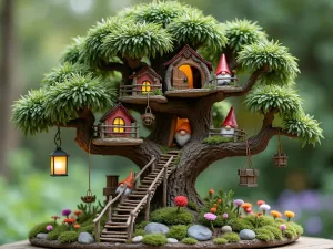 Enchanted Gnome Tree House - A multi-level gnome tree house built in a weathered bonsai tree, with tiny rope bridges, lanterns, and gnomes peering from windows, surrounded by miniature flowering plants