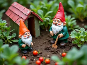 Enchanted Gnome Vegetable Garden - Aerial view of a tiny vegetable garden with gnome farmers, featuring miniature vegetables, tiny tools, and a small greenhouse made from recycled materials