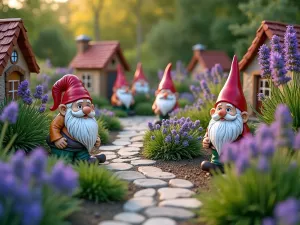 Enchanted Gnome Village Garden - Magical large garden setting with multiple ceramic gnomes arranged in a village-like setup, surrounded by blooming lavender and miniature fairy houses, stone pathways connecting different areas, captured in warm evening light