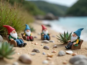 Fairy Gnome Beach Garden - A miniature coastal scene with gnomes relaxing on tiny beaches made from sand and small shells, with beach grasses and succulents, shot from a low angle