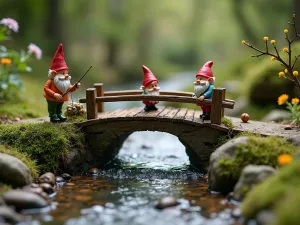 Fairy Gnome Creek Crossing - A miniature stream with a handcrafted wooden bridge, featuring gnomes fishing and tiny water plants, with small pebble details and moss-covered rocks, wide angle view