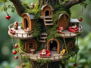 Fairy Gnome Treehouse - Aerial view of an elaborate gnome treehouse with multiple levels connected by tiny rope bridges, featuring miniature furniture and hanging plants