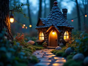 Fairy Light Gnome Residence - Evening shot of a magical gnome house illuminated by tiny solar-powered fairy lights, with glowing windows and a luminescent pathway, photographed in close-up