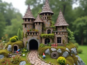 Fairy Tale Gnome Castle - Wide shot of an elaborate miniature castle made from natural materials, housing gnomes and featuring tiny turrets, drawbridge, and medieval-themed garden elements