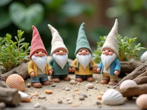 Gnome Beach Garden - A coastal-themed miniature garden with gnomes in beach attire, tiny seashells, driftwood structures, and miniature coastal plants in sandy soil