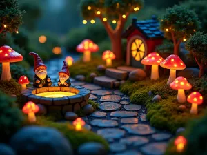 Gnome Fairy Light Garden - Night scene of a miniature garden illuminated by tiny LED lights, with gnomes gathering around a small glowing fountain, surrounded by luminous mushrooms and twinkling pathways