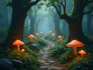 Gnome Forest Path - Winding woodland path lined with tall and small gnomes, featuring shade-loving plants and glowing mushroom lights, creating a mysterious atmosphere