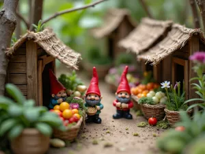 Gnome Garden Market - Close-up of a miniature marketplace with gnome vendors selling tiny vegetables and flowers, featuring small stalls and awnings made from natural materials