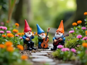 Gnome Garden Music Festival - Wide shot of a miniature outdoor concert scene with gnome musicians, tiny instruments, and flowering plants creating natural seating areas