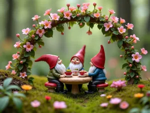 Gnome Garden Tea Party - Close-up of a whimsical garden tea party scene with gnomes seated around a mushroom table, tiny teacups, and flowering miniature plants creating a canopy above