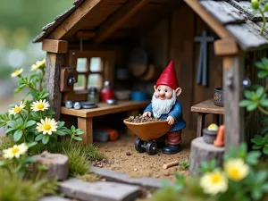 Gnome Garden Workshop - Detailed close-up of a gnome's workshop with tiny tools, workbench, and wheelbarrow, surrounded by thyme and miniature daisies, with weathered wood details