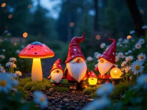 Gnome Night Garden - Evening scene with illuminated garden gnomes among solar-powered mushrooms and glowing orbs, surrounded by white flowering plants that shine in moonlight