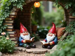 Gnome Reading Garden - Intimate garden nook with gnomes arranged around books and reading scenes, surrounded by peaceful shade plants and comfortable seating areas