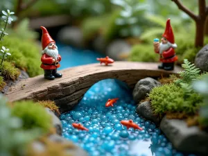 Gnome Stream Garden - Close-up of a miniature stream made with blue glass beads, crossed by tiny wooden bridges where ceramic gnomes fish, surrounded by miniature ferns and tiny alpine plants