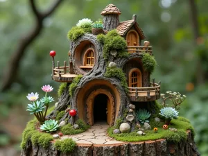 Gnome Tree Stump Village - An enchanted tree stump transformed into a multi-level gnome village with tiny windows, doors, and balconies, surrounded by miniature succulents and alpine plants, aerial view