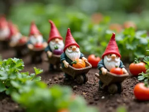 Gnome Vegetable Garden - Close-up of miniature vegetable garden rows with tiny gnomes pushing wheelbarrows, featuring microscale vegetables made from polymer clay and real miniature herbs