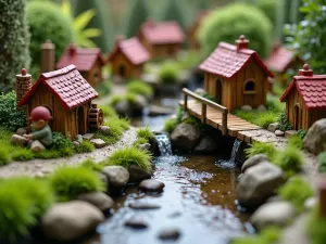 Gnome Village Water Feature - Close-up of a charming gnome village built around a small stream with tiny wooden bridges. Miniature water wheels and fountains create movement, surrounded by dwarf plants and tiny river rocks