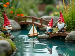 Gnome Water Garden - Close-up of a small pond feature with gnomes fishing and sailing tiny boats, surrounded by water plants and miniature bridges