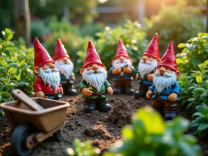 Gnome Working Garden - Wide angle view of garden gnomes arranged in gardening scenes, with wheelbarrows and tools, surrounded by vegetable patches and herb gardens, morning light casting long shadows