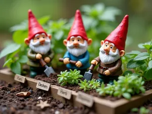 Herb Garden Gnomes - Close-up of gnomes working in a raised herb garden bed, with detailed miniature gardening tools and labeled herb sections featuring different culinary herbs