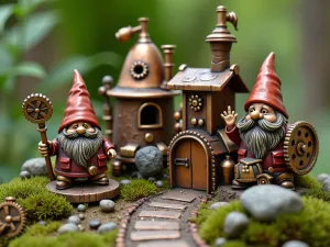 Industrial Steampunk Gnome City - Unique steampunk-themed gnome village with tiny copper and brass elements. Miniature gears, pipes, and industrial-style structures create an unusual garden feature