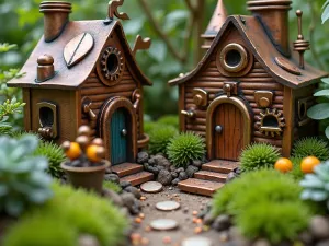 Industrial Steampunk Gnomes - Close-up of a unique steampunk-themed gnome garden with copper and brass elements, miniature gears, and industrial-style structures among suitable plants