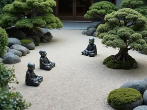 Japanese Zen Gnome Garden - Aerial view of a minimalist Japanese-style garden with zen gnomes meditating among carefully raked gravel, bonsai trees, and small rock formations