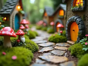 Magical Fairy Gnome Garden Path - A winding miniature garden path lined with tiny colorful mushrooms, moss, and small gnomes peeking from behind miniature cottage doors, with twinkling fairy lights and small flowering plants, shot from a low angle perspective