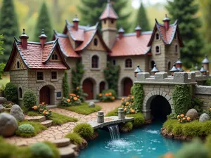 Medieval Gnome Castle Garden - Fantasy medieval-themed gnome village with tiny castle walls, towers, and a moat. Miniature drawbridge and courtyard gardens with period-appropriate decorative elements