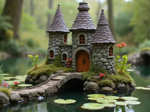 Medieval Gnome Castle - Normal view of a miniature castle-style gnome dwelling with tiny turrets, a drawbridge, and a moat filled with water plants