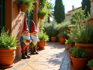 Mediterranean Gnome Terrace - Sun-drenched terrace with classical gnomes among terracotta pots filled with herbs and Mediterranean plants, featuring mosaic tile details