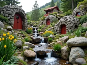 Mountain Gnome Village - A rocky terraced garden with multiple levels featuring gnome houses built into the hillside, with alpine plants and tiny waterfalls, shot from below looking up