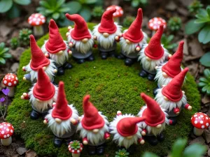 Mushroom Ring Gnome Display - Aerial shot of gnomes arranged in a mushroom fairy ring pattern, surrounded by red and white decorative mushrooms, moss ground cover, and woodland flowers