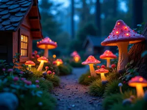 Night Garden Gnomes - Evening scene of a gnome garden illuminated with tiny solar lights, glow-in-the-dark elements, and phosphorescent mushrooms creating a magical nighttime display