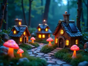 Night-lit Gnome Haven - Evening scene of a gnome village with tiny solar-powered lights illuminating the pathways and windows of small houses. Glow-in-the-dark mushrooms and luminescent elements create magic