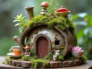 Recycled Gnome Hideaway - Close-up of a creative gnome house made from repurposed materials like vintage teacups, old books, and broken pottery, with living roof plants