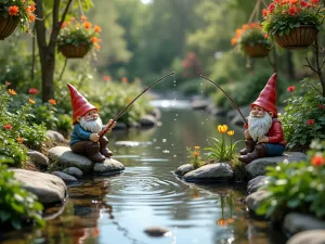 Riverside Gnome Haven - Natural-looking stream setting with gnomes fishing and relaxing by the water, surrounded by water plants, river rocks, and hanging baskets of trailing flowers