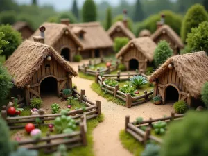 Rustic Gnome Farm Settlement - Wide angle view of a gnome village with tiny farm elements including miniature barns, vegetable patches, and animal pens. Handcrafted wooden structures with thatched roofs