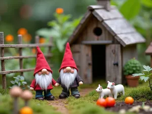 Rustic Gnome Farm - A miniature farm scene with gnomes, tiny barn made from weathered wood, miniature farm animals, and scaled-down country garden elements including a tiny vegetable patch