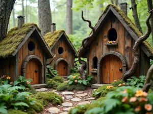 Rustic Wood Gnome Complex - Wide angle shot of multiple interconnected wooden gnome houses built from natural materials, featuring bark roofs and twisting branches, set among ferns and woodland flowers