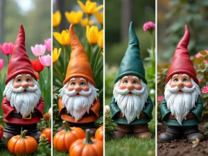 Seasonal Gnome Display - Four-section garden showing gnomes in different seasonal settings - spring flowers, summer vegetables, autumn pumpkins, and winter evergreens