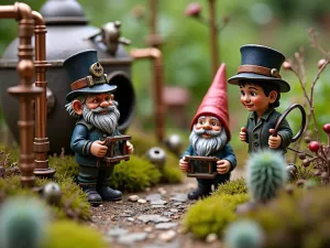 Steampunk Gnome Laboratory - An intricate miniature garden scene with gnomes in top hats working with tiny copper pipes and gears, surrounded by industrial-style structures and unusual metallic plants